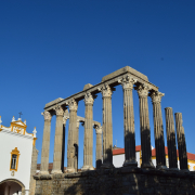 View of the Roman Temple of Évora and the World Heritage Sites of the city in Portugal
