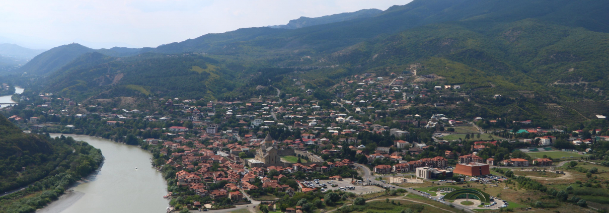 View of the confluence of the rivers and the Historical Monuments of Mtskheta from the Jvari Monastery